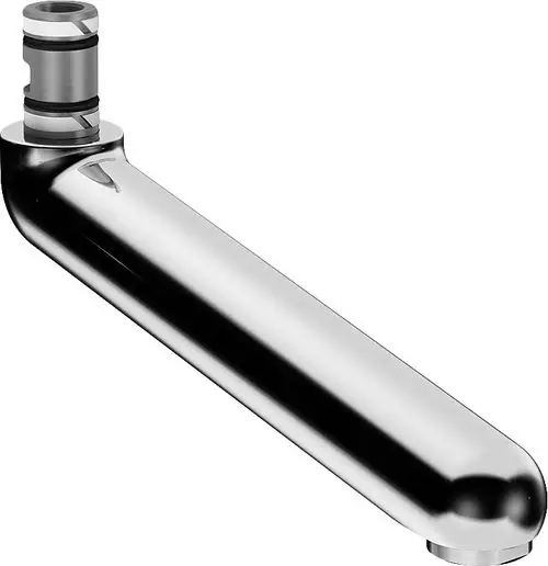 Chromfarbener Auslauf von HANSA mit gebogenem Design und einem Anschluss. Ideal für Armaturen, die eine elegante und funktionale Wasserabgabe erfordern.
