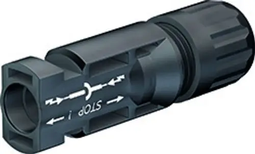 Stecker mit schwarzem, synthetischem Gehäuse und Öffnungen für Kabelanschlüsse. Markenlogo von Stäubli sichtbar. Funktioniert zum Verbinden von PV-Kabeln.