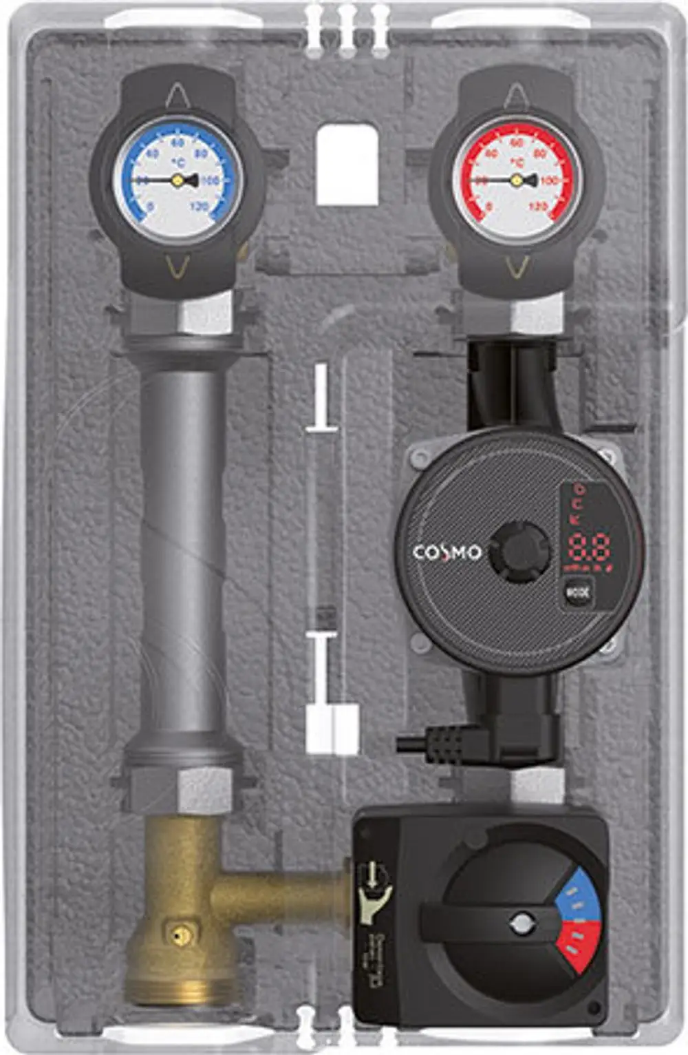 Pumpengruppe mit zwei Temperaturanzeigen, einem Regelventil und einer elektrischen Steuerung, geeignet für Heizungsanlagen zur Mischwasserregelung.