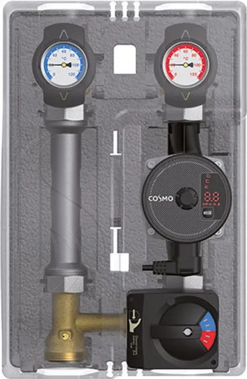 Pumpengruppe mit zwei Temperaturanzeigen, einem Regelventil und einer elektrischen Steuerung, geeignet für Heizungsanlagen zur Mischwasserregelung.