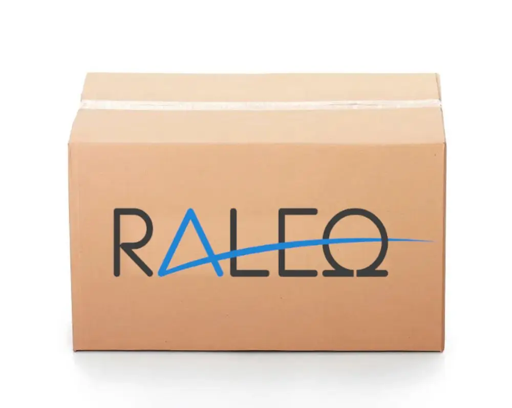 Paket mit dem Logo von Raleo, auf weißem Hintergrund. Produktdetails sind nicht sichtbar, enthält jedoch Heizungselemente oder Zubehör.