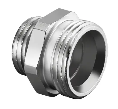 Oventrop Absperrverschraubung Messing – 1/2" AG X 3/4" AG, Vernickelt