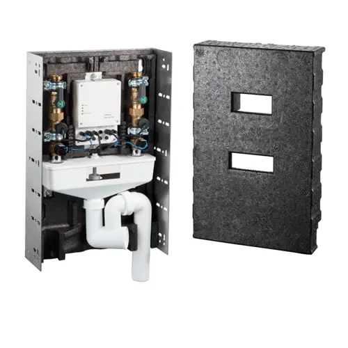 Ein Trinkwasserarmaturensystem für die Trinkwasserhygiene, bestehend aus einer Montagerahmen, Ventilen und einem Abflussrohr.