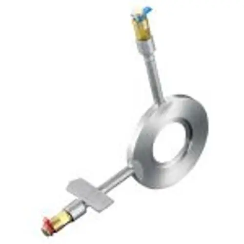 Metallisches Differenzdruckmessgerät mit einem runden Gehäuse und zwei Anschlüssen für die Messung von Wassermengen in hydraulischen Systemen.