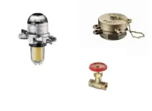 Drei Produkte: ein Wasserfilter mit transparentem Behälter, ein Druckschalter mit Metallgehäuse und ein Kugelhahn mit rotem Griff.