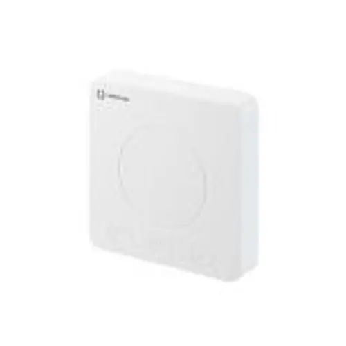 Weißes Steuergerät für Smart-Home-Anwendungen, quadratische Form mit einem einfachen, minimalistischen Design. Ideal für die Gebäudeautomation.