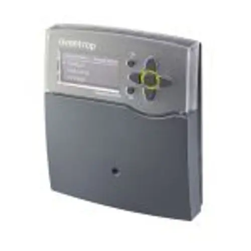 Geraet zur Steuerung und Regelung in der Gebäudetechnik mit Display und Bedienelementen, geeignet für Smart-Home-Anwendungen.
