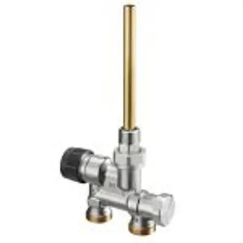 Hydraulischer Abgleichventil mit einem silbernen Körper, schwarzem Einstellrad und einem goldenen Anschlussstutzen für Heizkoerperanwendungen.