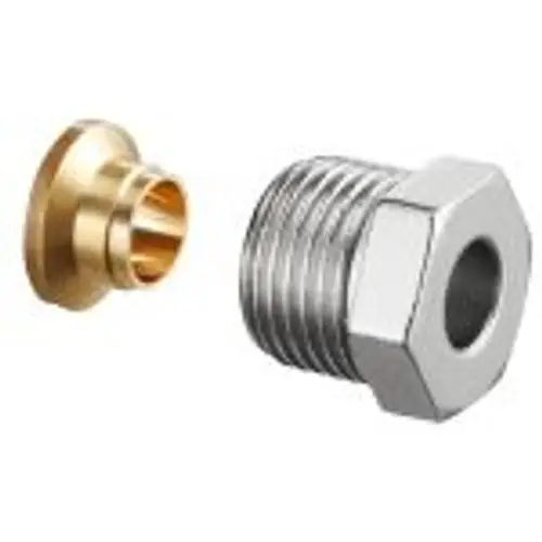 Zwei Heizungsanschlussstücke: ein vernickeltes Metallgewinde und ein goldenes, rundes Teil, vermutlich ein Steckanschluss für hydraulischen Abgleich.