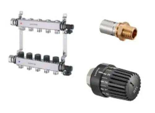 Ein Heizkreisverteiler aus Metall mit mehreren Anschlüssen, dazu ein Messing-Adapter und ein schwarzer Thermostatkopf mit Skala zur Temperaturregelung.