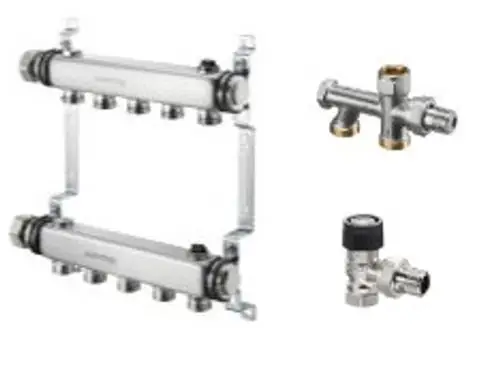 Abbildung von verschiedenen Heizungszubehörteilen, darunter ein Heizkreisverteiler, ein Verteilungsblock und ein Regelventil, alle in einem modernen, metallischen Design.
