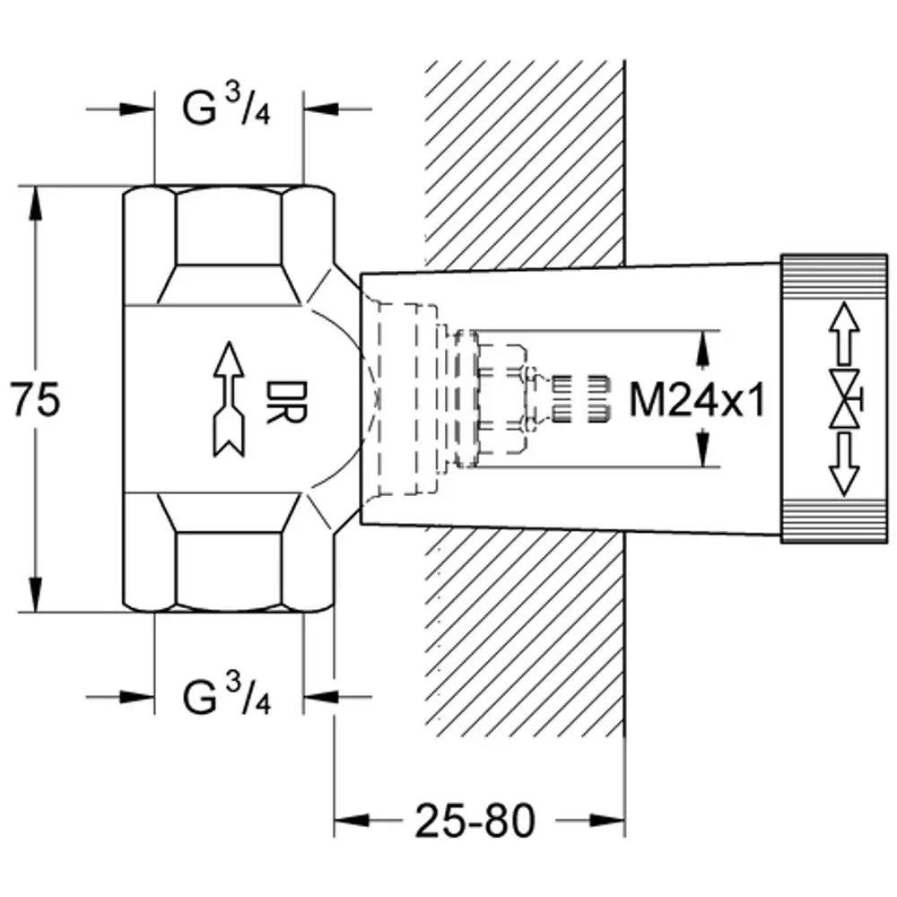 GROHE Ventil-Unterteil mit G3/4-Anschluss und M24x1 Gewinde, schematische Darstellung mit Maßangaben und montierbarer Oberseite, in neutalem Design.