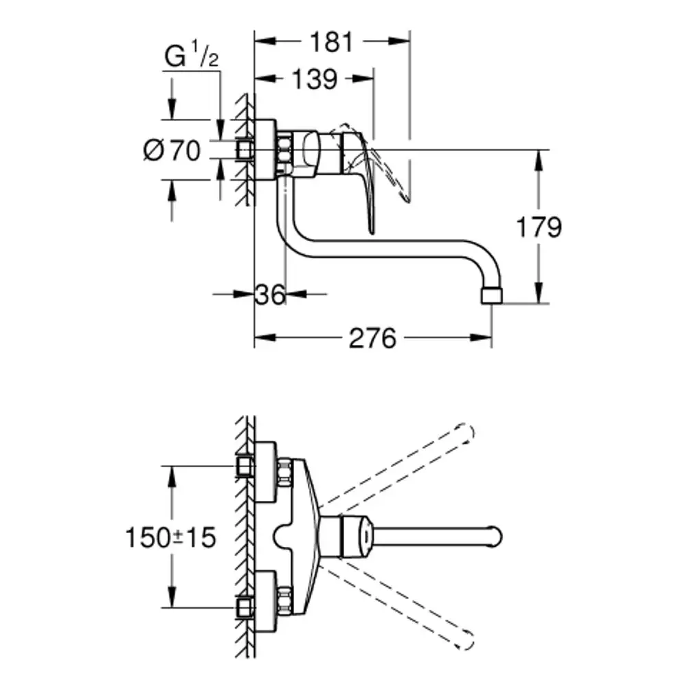 Wandmontierte Grohe Einhandbatterie mit einem langen Auslauf und abgerundeter Form. Technische Zeichnung mit Maßen und Montagehinweisen.
