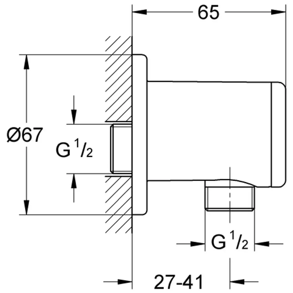 Wandanschlussbogen aus Chrom mit einem Durchmesser von 67 mm und G½"-Anschluss. Das Produkt stammt von der Marke Grohe und ist für Wandmontage vorgesehen.