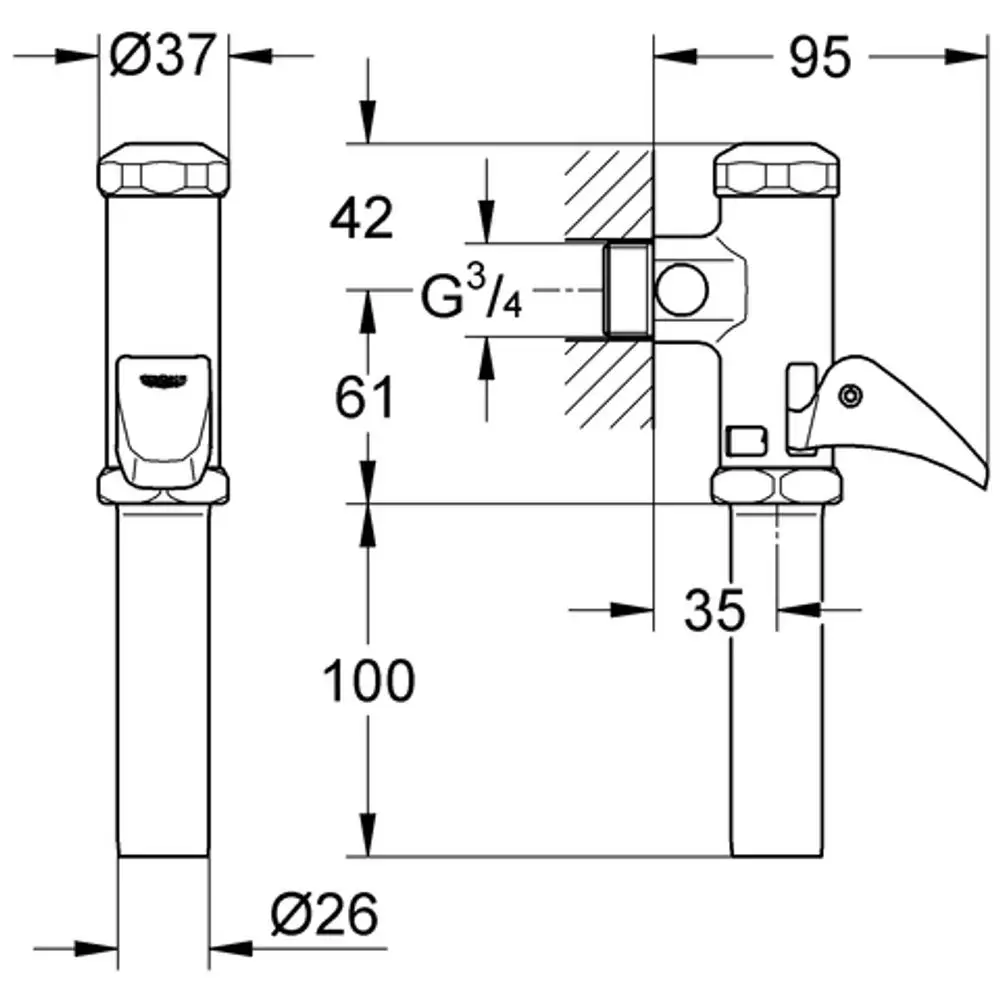 GROHE Spülsystem mit einer Kombination aus einem Wandanschluss und einem Hebel-Mechanismus, aus Messing in verchromter Ausführung, für die Montage an der Wand.