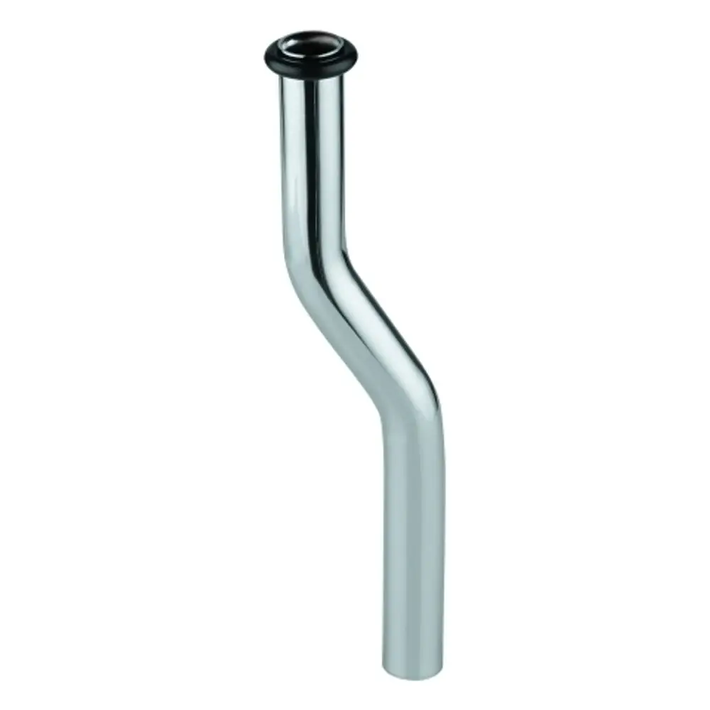 Chromen Urinal-Spülrohr mit einer leichten Kröpfung und einem Anschlussring, geeignet für die Verwendung mit Grohe Urinalanlagen.