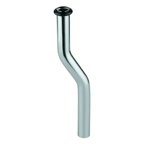 Chromen Urinal-Spülrohr mit einer leichten Kröpfung und einem Anschlussring, geeignet für die Verwendung mit Grohe Urinalanlagen.