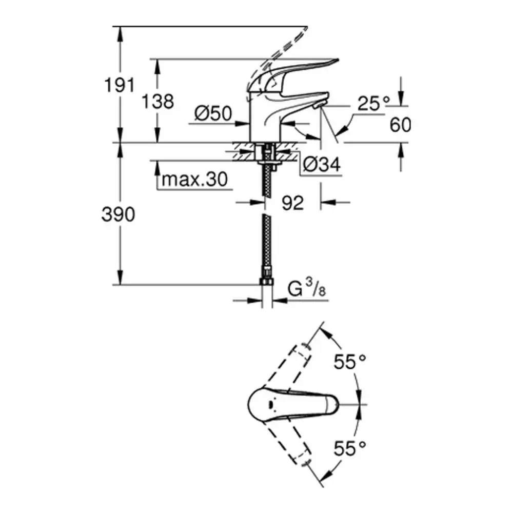 Ein schematisches Diagramm einer Grohe-Wasserarmatur mit Maßangaben, einschließlich Länge, Breite und Einbauinformationen. Darstellung der Armatur aus verschiedenen Blickwinkeln.