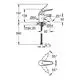 Ein schematisches Diagramm einer Grohe-Wasserarmatur mit Maßangaben, einschließlich Länge, Breite und Einbauinformationen. Darstellung der Armatur aus verschiedenen Blickwinkeln.