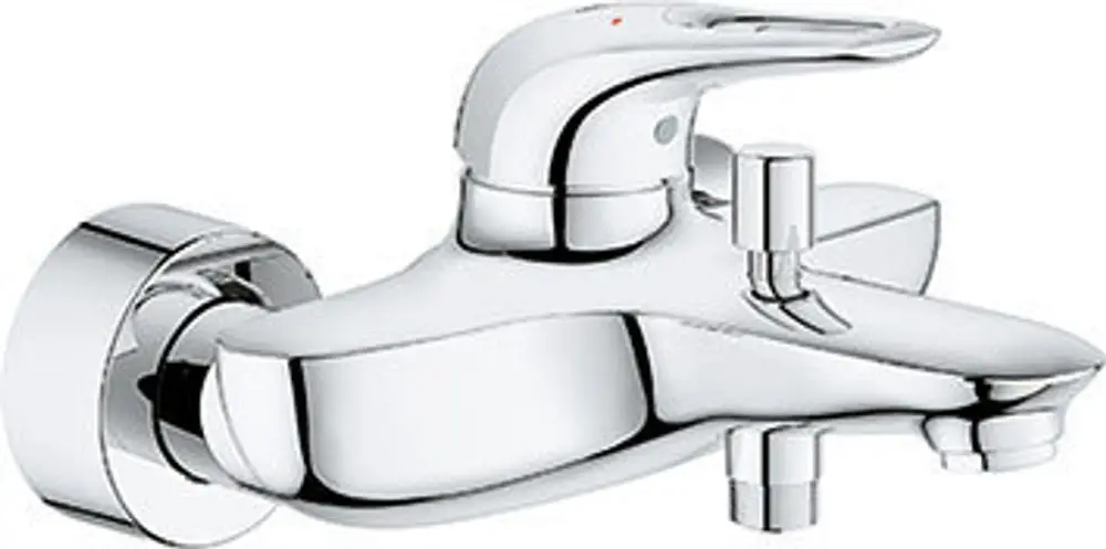Chromfarbene Wandmontage-Einhand-Wannenbatterie von Grohe mit einem schlichten Design und einem Hebel für die Temperaturregelung.