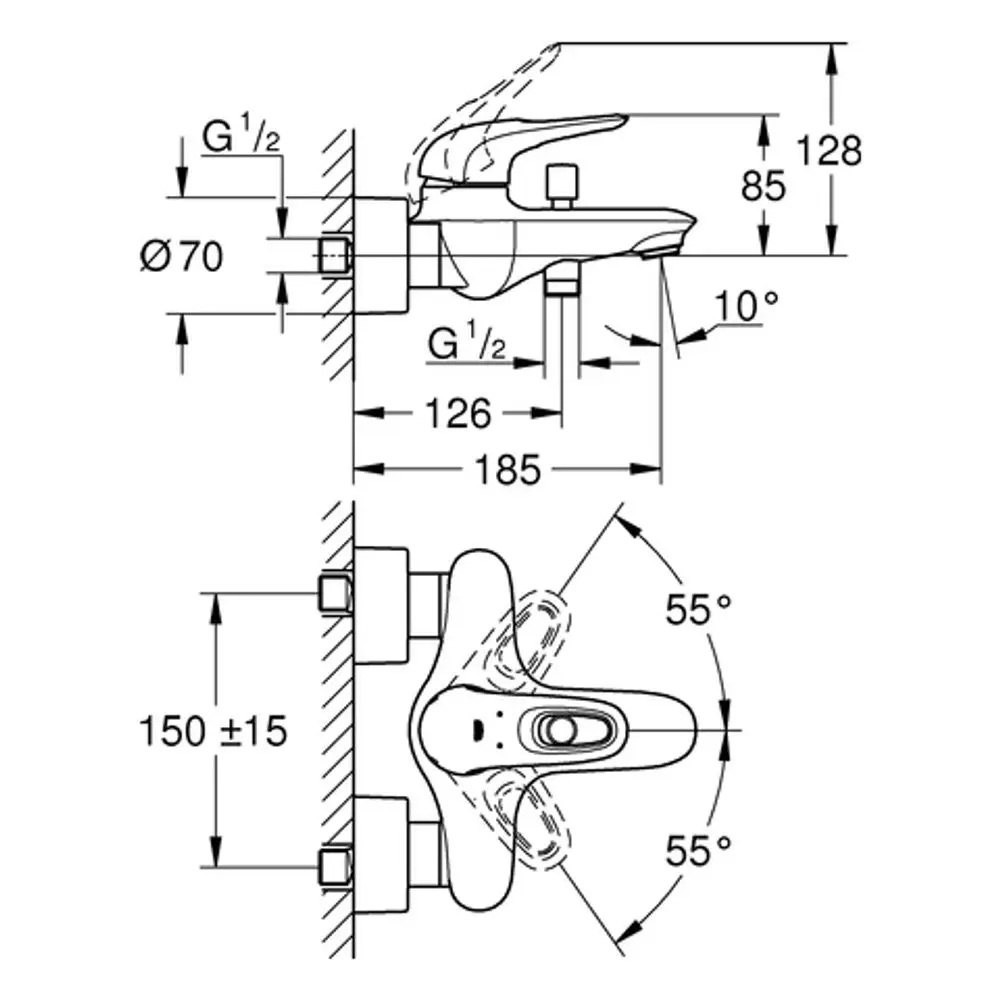 Grohe Einhand-Wannenbatterie mit Wandmontage, Sicht auf Armatur von vorne und der Seite. Diagramm zeigt Maße und Montagewinkel.