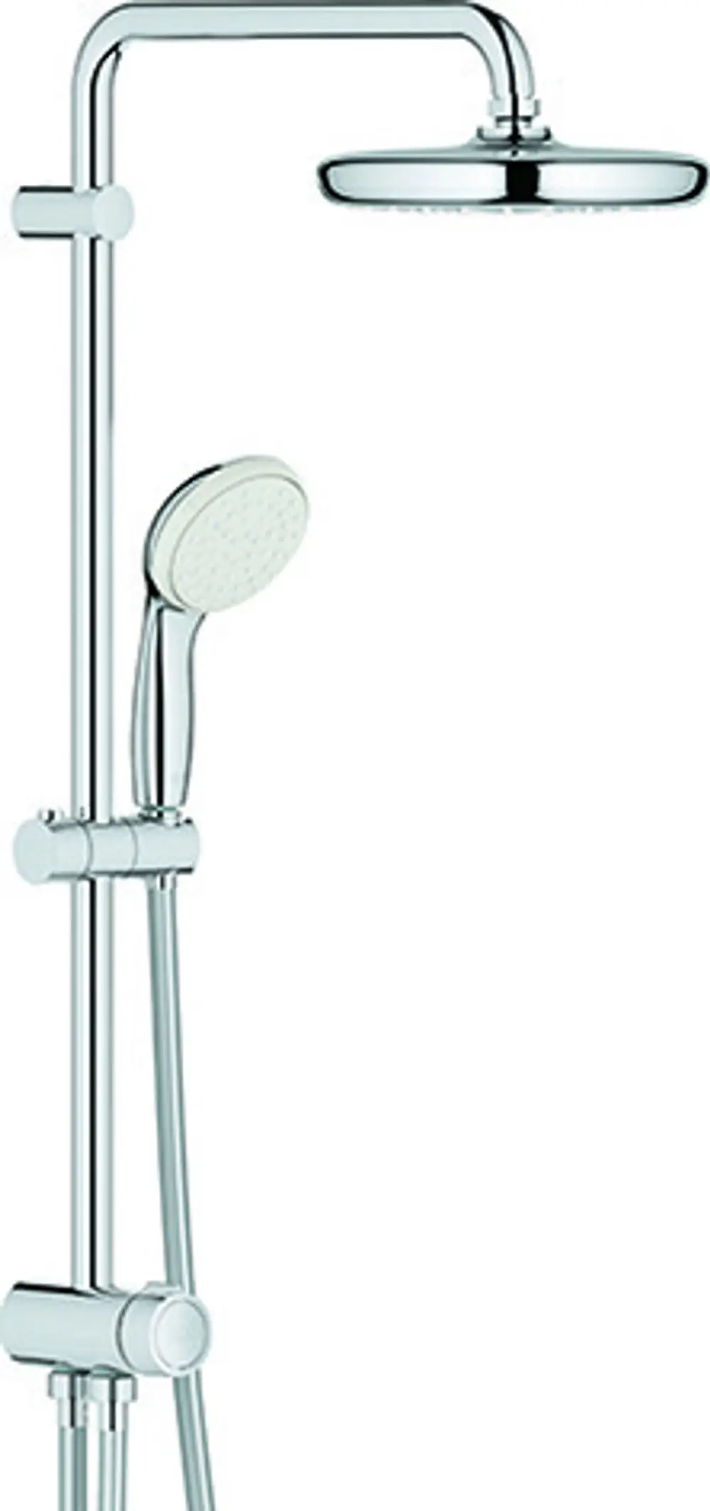 Duschsystem von Grohe mit festem Duschkopf und Handbrause, verchromte Oberfläche, zur Wandmontage geeignet. Verstellbare Armaturen für Wasserumstellung.