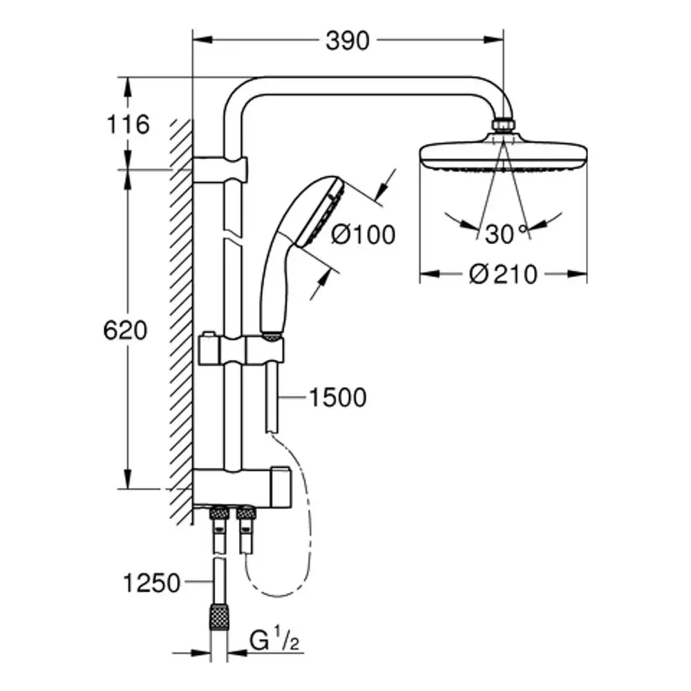 Duschsystem von Grohe mit Kopf- und Handbrause. An der Wand montiert, mit verschiedenen Rohr- und Anschlussmaßen. Edelstahloberfläche, klar gestaltetes Design.