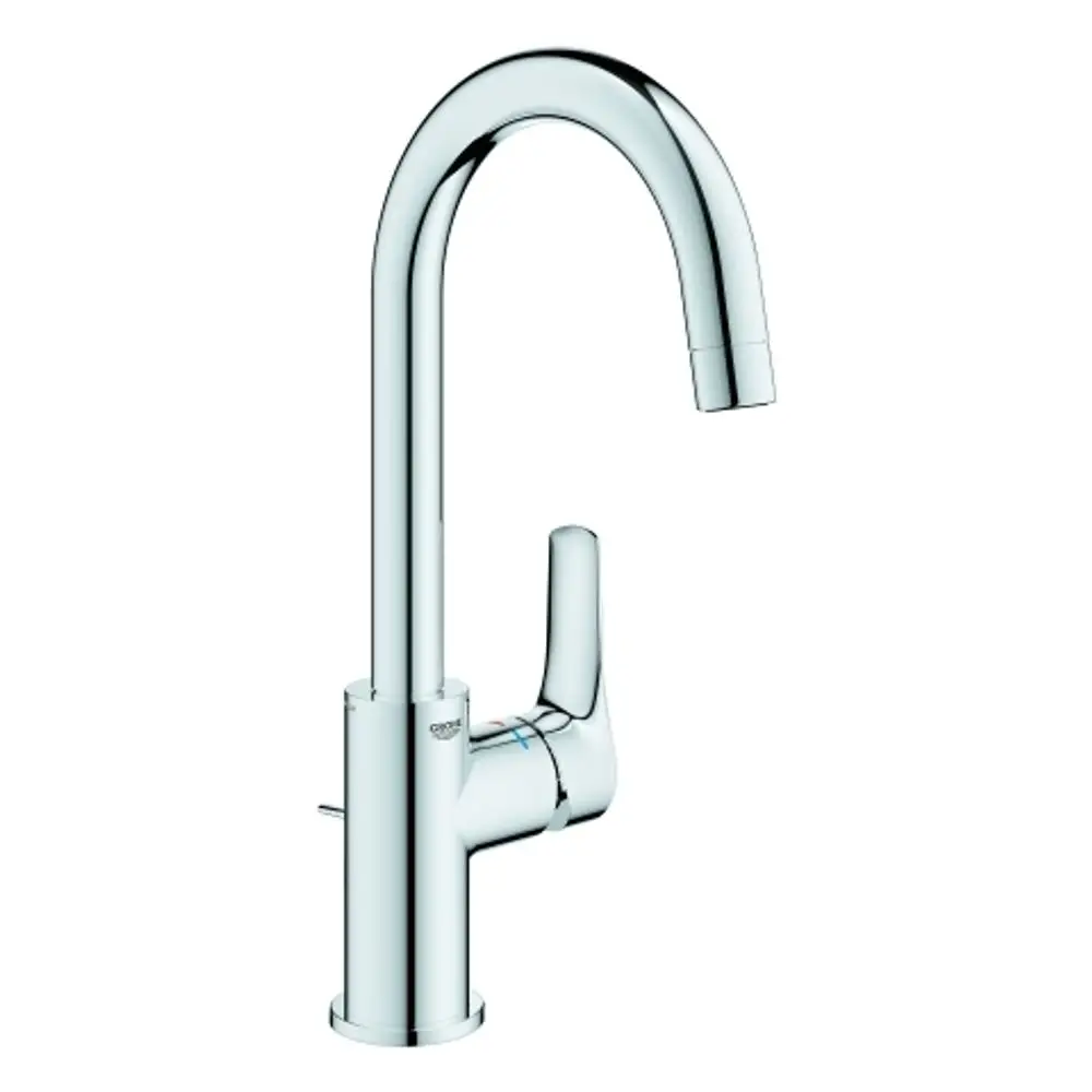 Chromfarbene Grohe Mischbatterie mit hohem Auslauf und einem Hebel. Sie ist für Waschbecken oder Spülen konzipiert.
