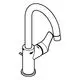 Grohe Wasserhahn mit ausgezogenem Schlauch und seitlichem Hebel. Die Montage erfolgt auf der Arbeitsplatte, der Wasserfluss wird durch einen Drehmechanismus gesteuert.