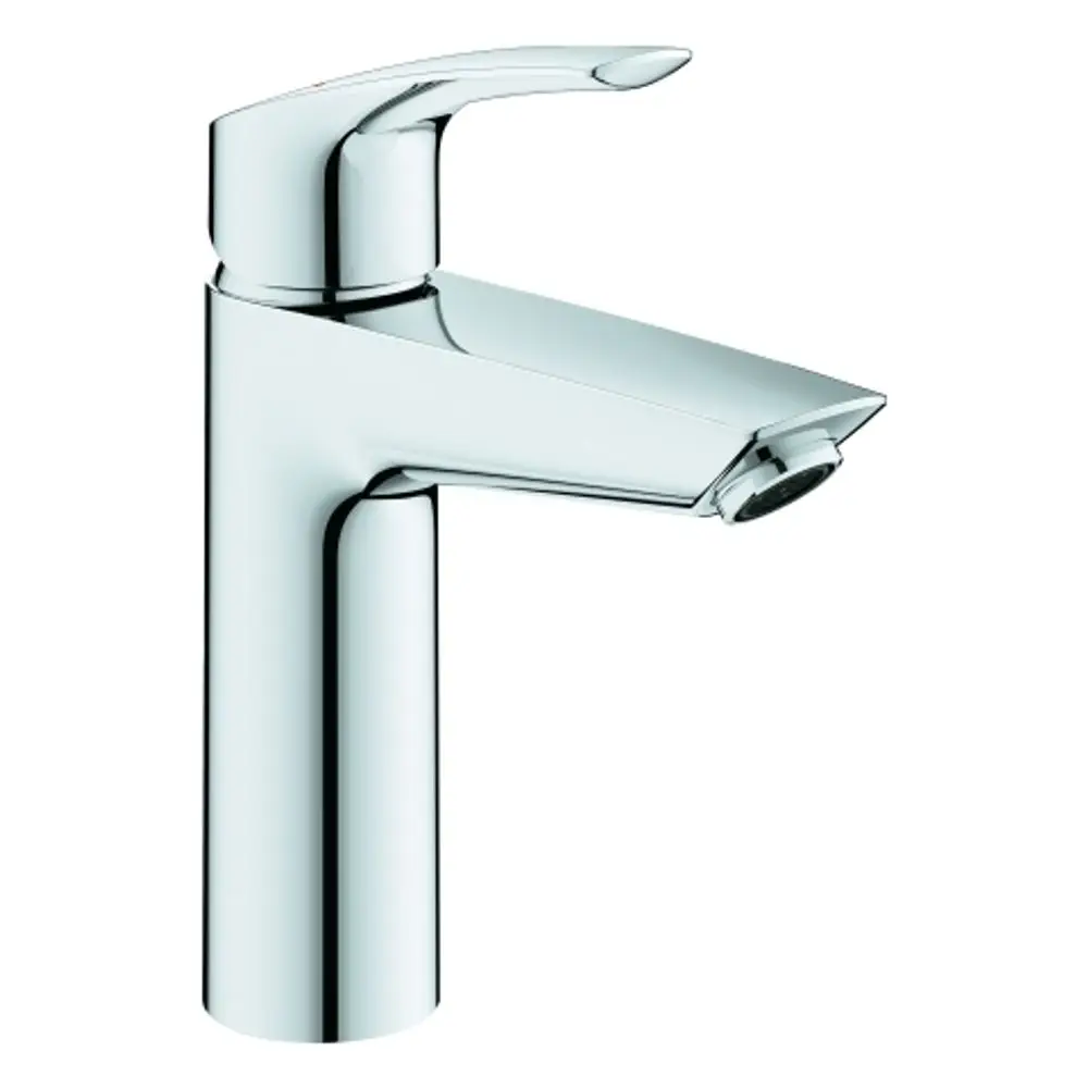 GROHE Einhebelwaschtischarmatur mit glattem Chromkörper und einem schmalen Auslauf, montiert auf horizontalem Untergrund.