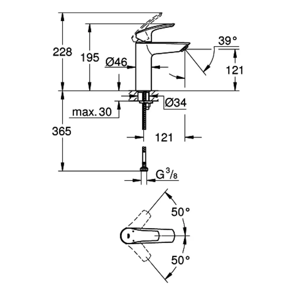 Grohe Wasserhahn mit einem glatten Körper, versehen mit einem Hebel. Diagramm zeigt Maße und Winkelbewegungen der Bedienung.