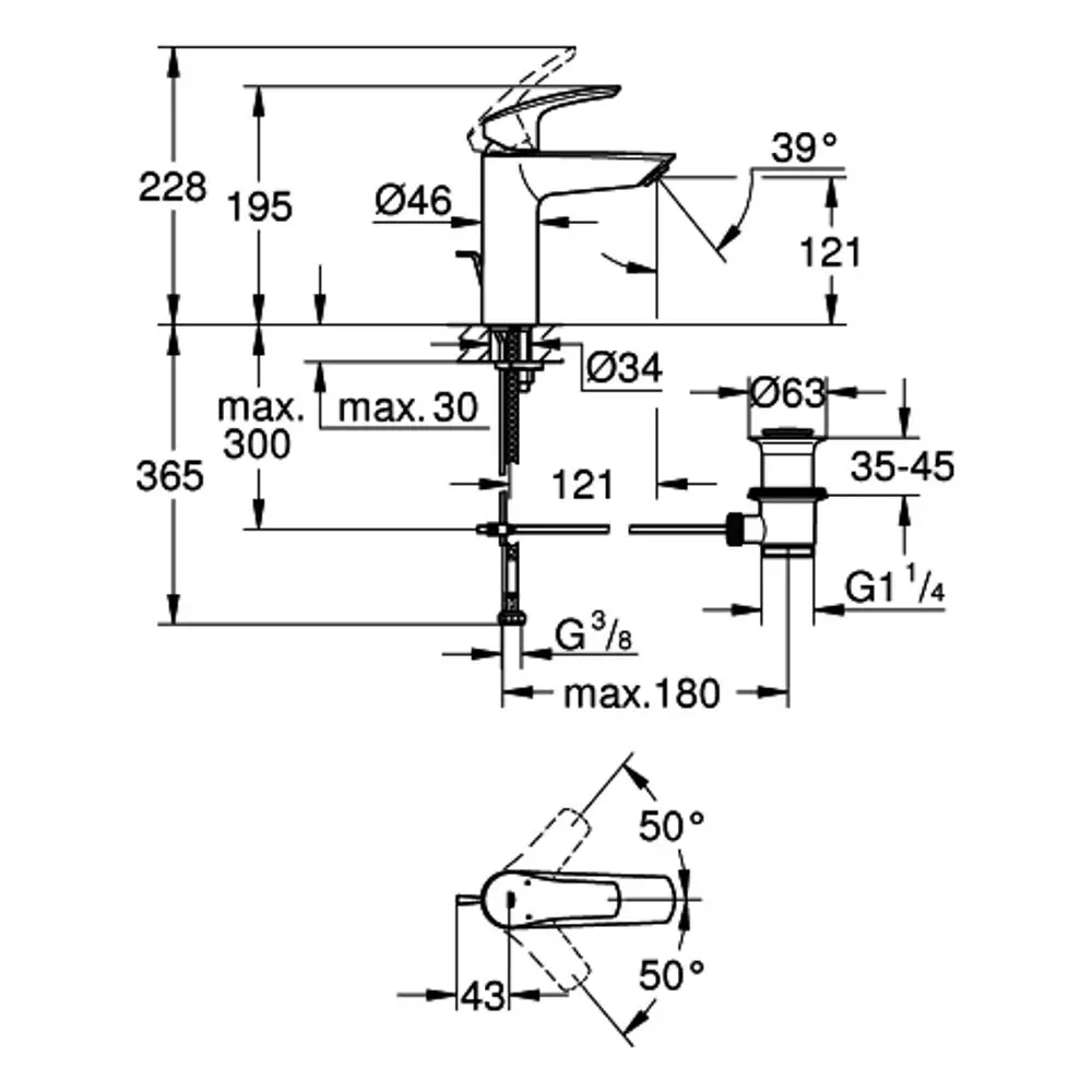Grohe Wasserhahn mit einem keramischen Kartuschensystem, Abmessungen und Montageanleitung. Technische Zeichnung zeigt Details zur Installation und Nutzung.