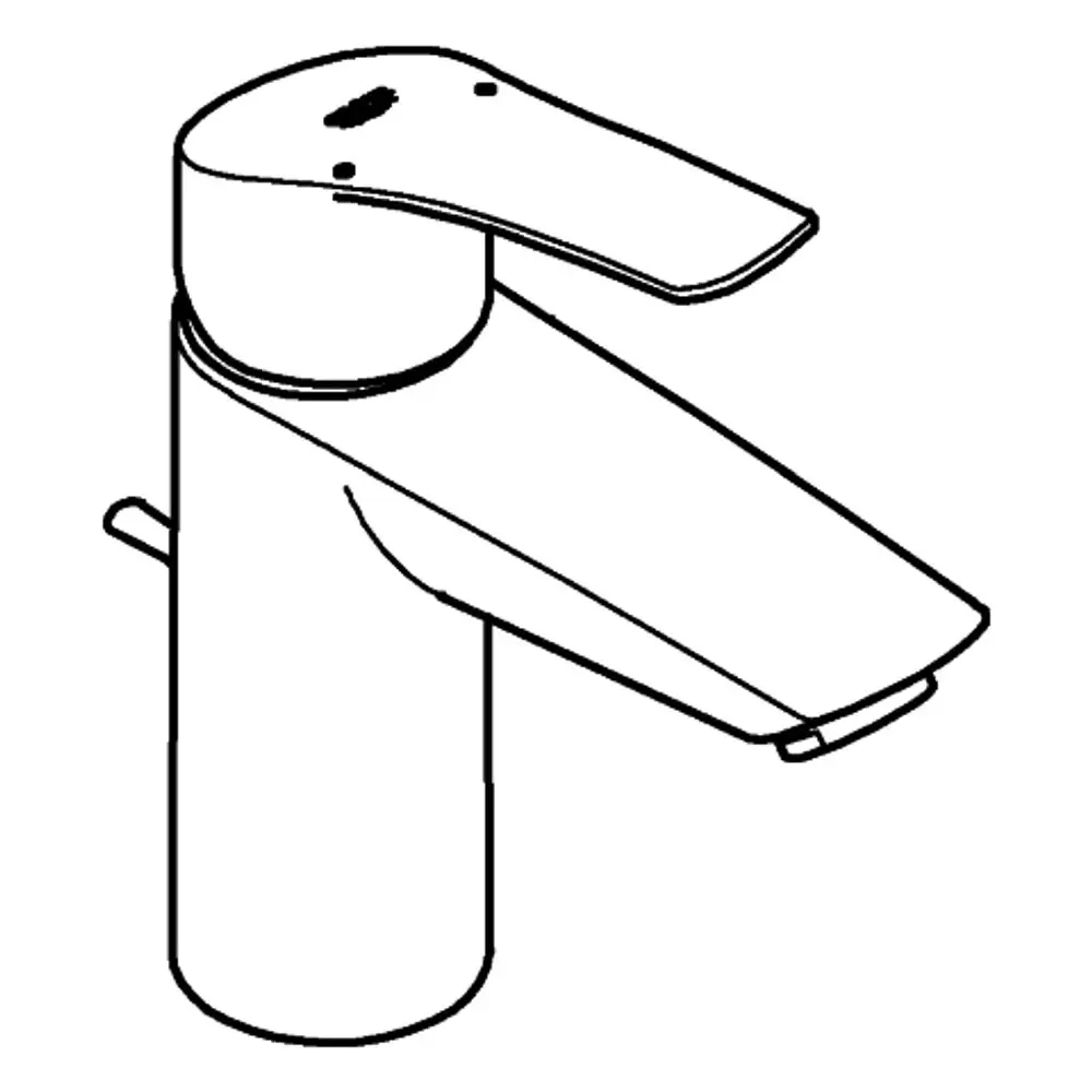 Ein Grohe Wasserhahn mit flacher Auslaufkontur und seitlichem Hebel. Der Körper ist zylindrisch und in Chrom-Optik gehalten.