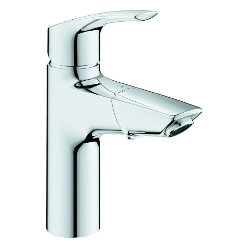 Ein Grohe Wasserhahn mit einem klaren Design und einem ergonomischen Hebel zur Temperatur- und Mengenregulierung. Der Auslauf ist für einen PO-Ablauf ausgelegt.