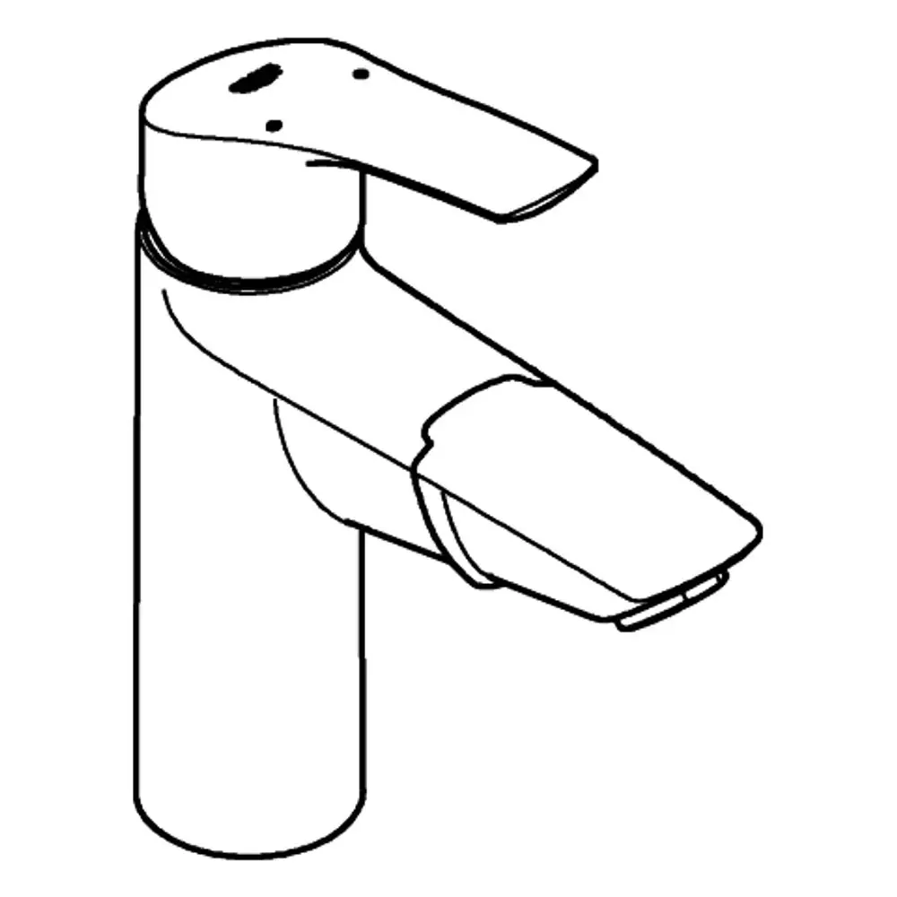 Grohe-Wasserhahn mit flachem Auslauf und einer Bedienungseinheit oben. Der Körper ist zylindrisch und hat eine verchromte Oberfläche.