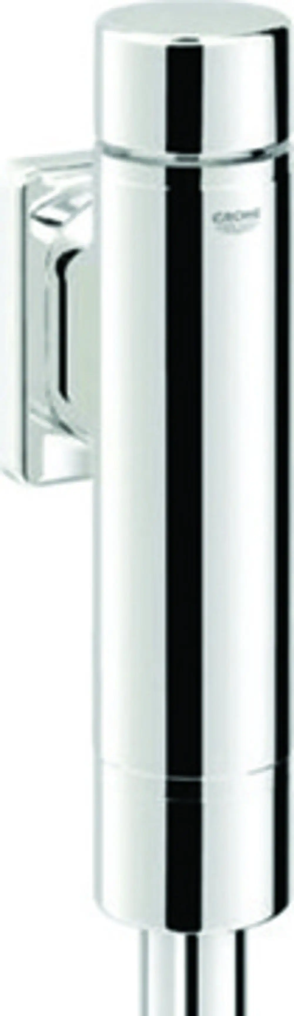 GROHE WC-Druckspüler in chromfarbenem Finish. Zylindrisches Design mit seitlichem Druckknopf zur Bedienung.