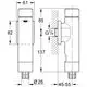 GROHE WC-Druckspüler in chrom, mit verschiedenen Anschlussmaßen und einem kompakten Design, dargestellt in seitlicher und frontaler Ansicht.