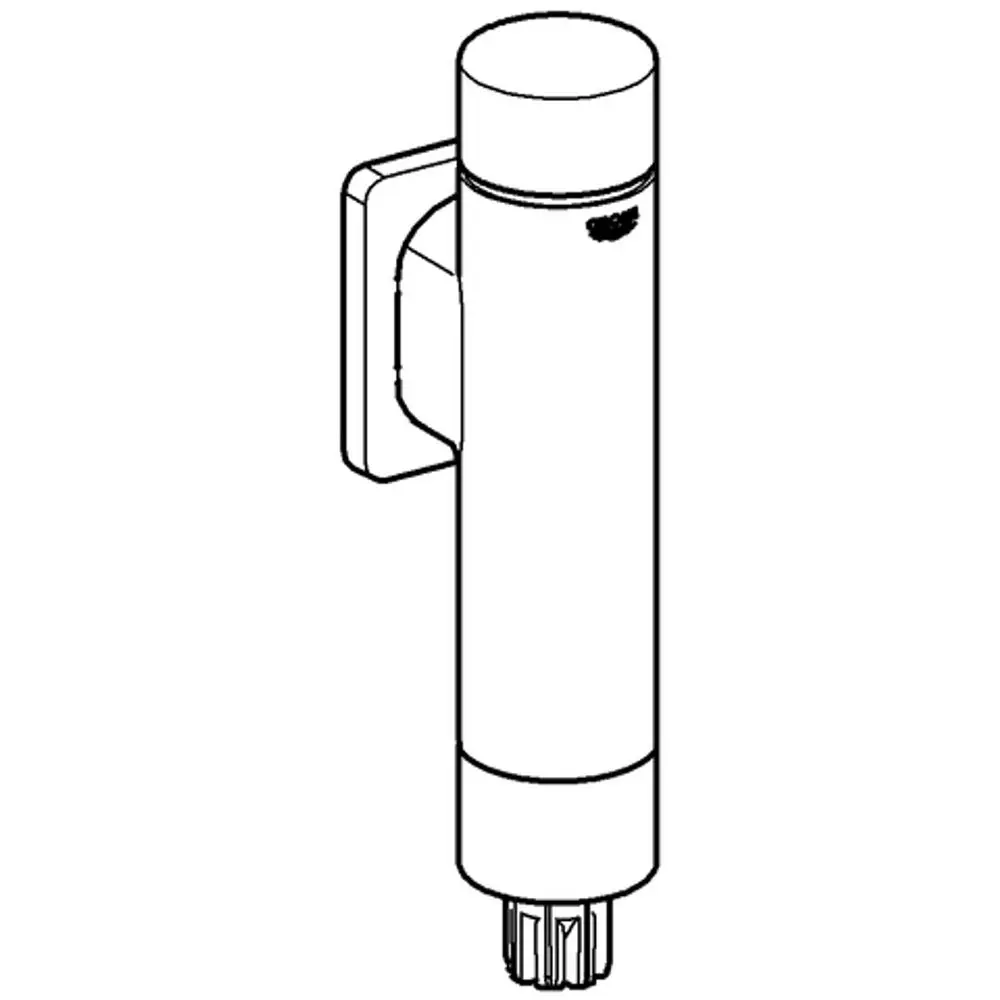 GROHE WC-Druckspüler in zylindrischer Form, montiert an einer Wand, mit einem Anschluss unten und einem Steuermechanismus oben.