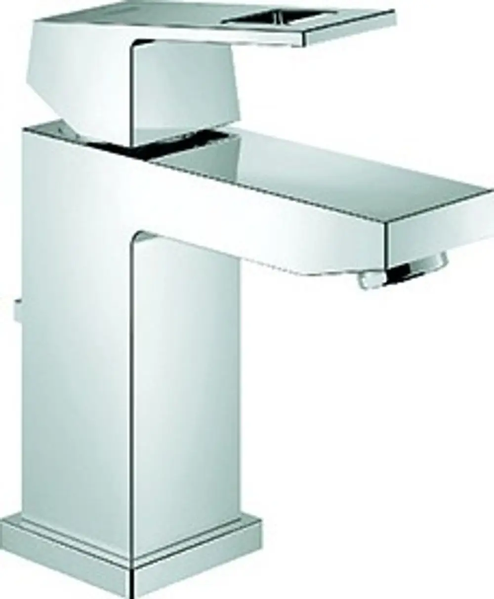 Chromfarbener Wasserhahn mit schlanker, geometrischer Form. Die Bedienung erfolgt über einen seitlichen Hebel. Produkte von Grohe sind bekannt für ihre Funktionalität.