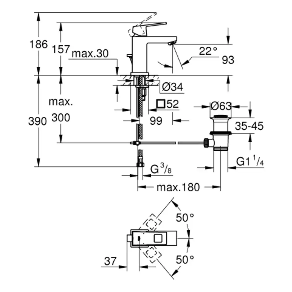 GROHE Armatur mit schwenkbarem Auslauf, verschiedenen Abmessungen und Anschlüssen, dargestellt in technischen Zeichnungen und Seitenansicht.