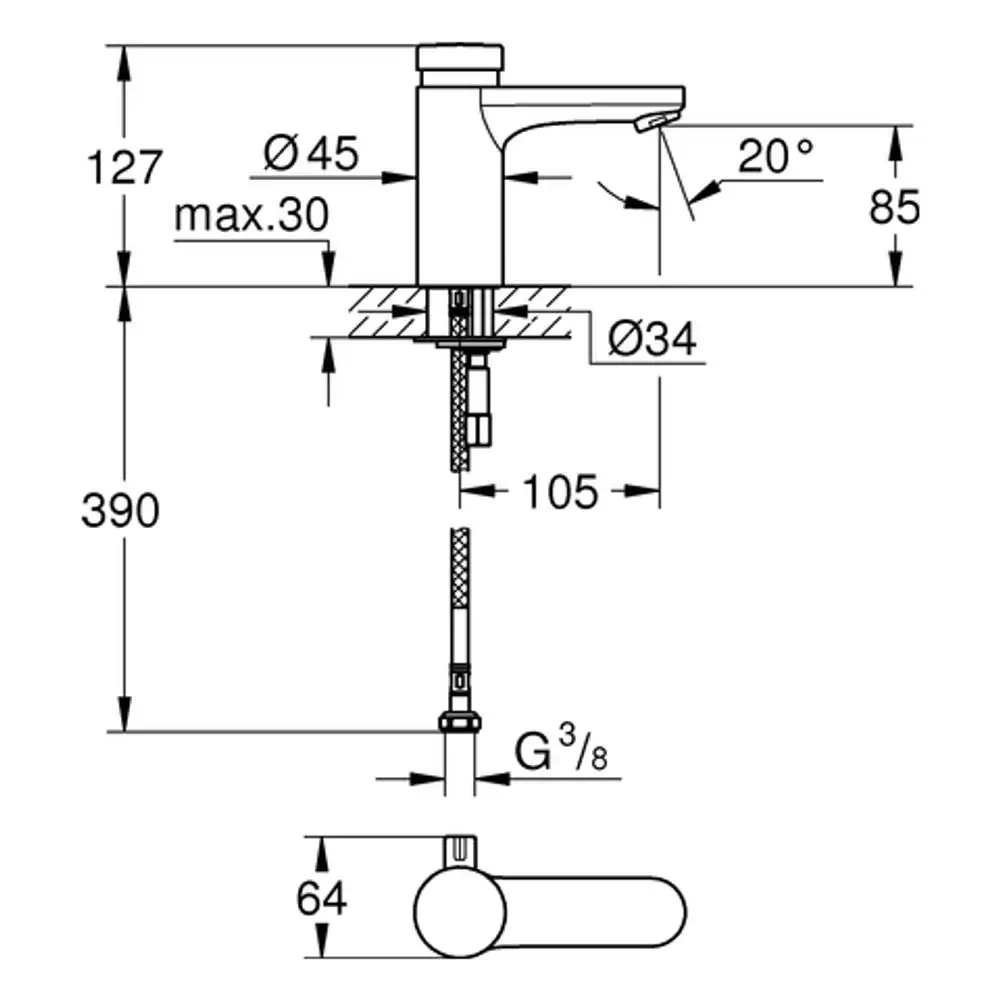 Grohe-Waschtischarmatur mit Hebel, montiert auf einer Arbeitsplatte. Technische Zeichnung zeigt Maße und Anschlussdetails für eine präzise Installation.