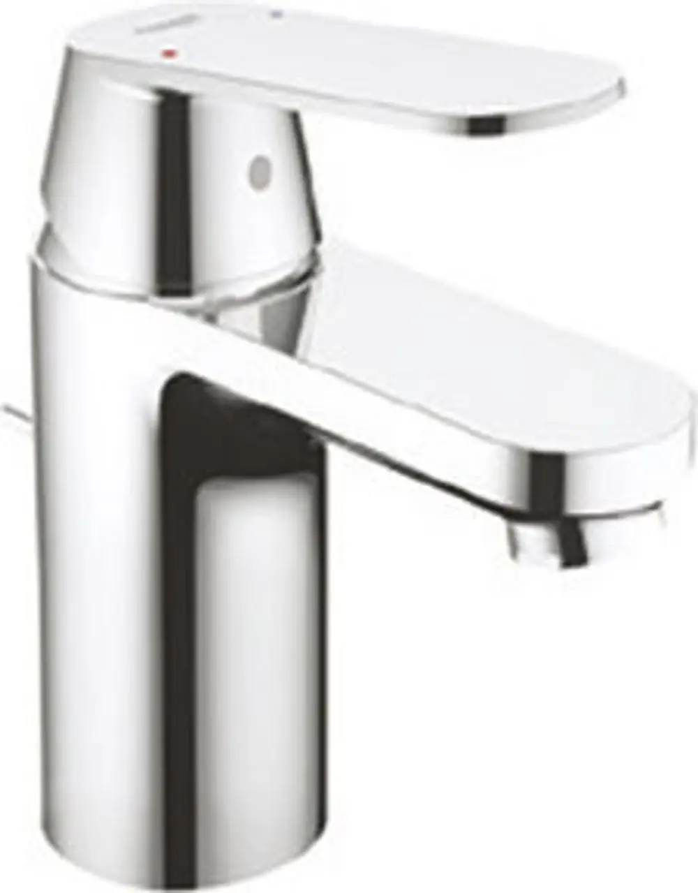 Chromfarbener Grohe Wasserhahn mit einem flachen Hebel und einem runden Auslauf, geeignet für Niederdruckanlagen.