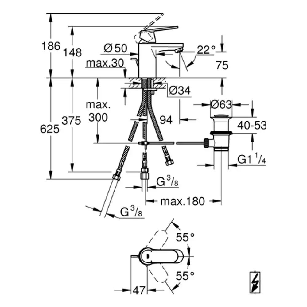 GROHE Armatur mit Zugstangen-Ablauf, konzipiert für Niederdrucksysteme. Zeichnung zeigt Maße, Anschlüsse und Konstruktion.