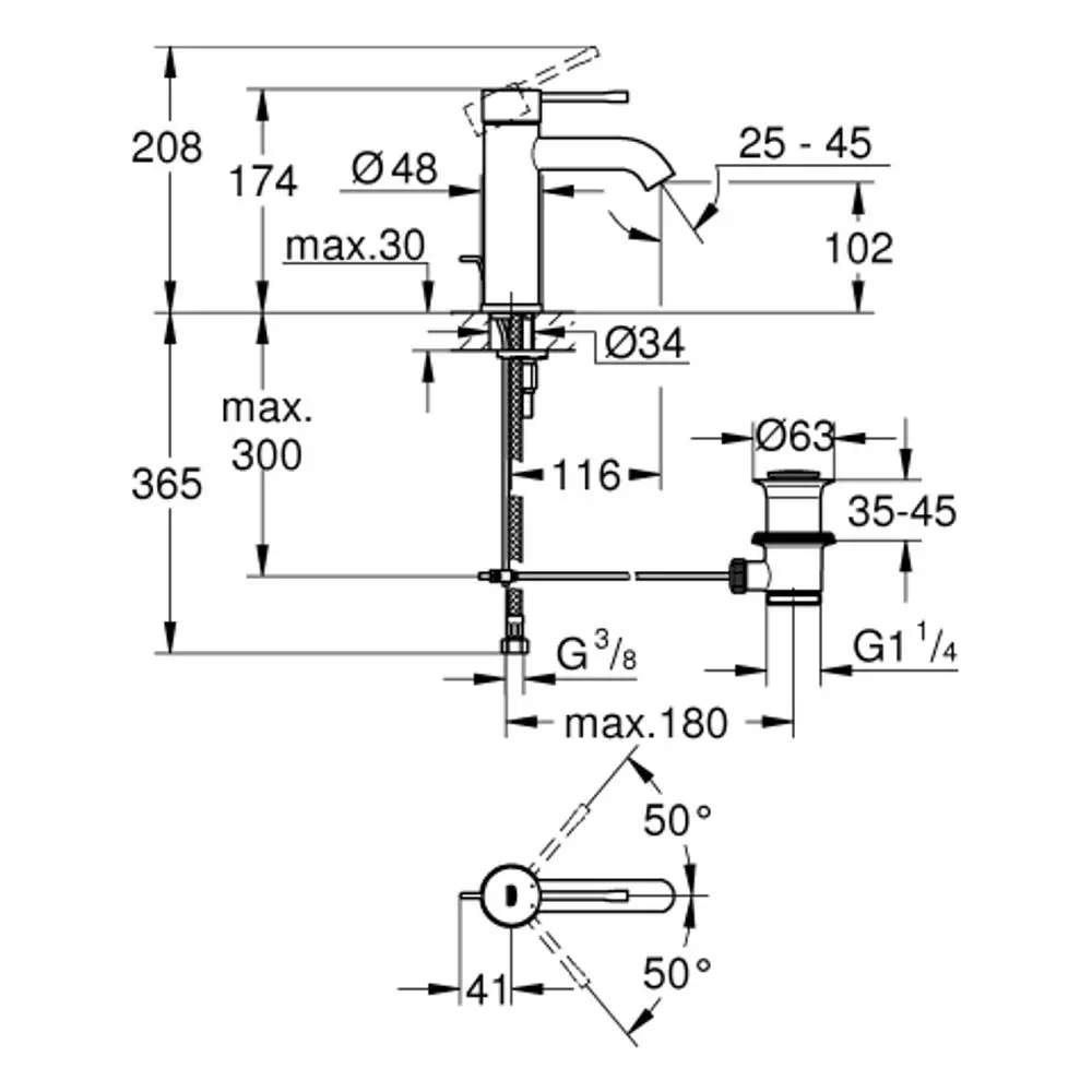 GROHE Einhand-Waschtischbatterie mit klaren Konturen und einer schwenkbaren Auslaufform. Maße und Anschlussdetails im technischen Zeichnungsstil dargestellt.