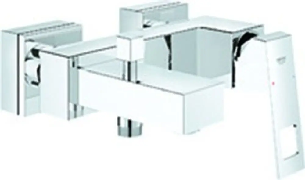 Wannenbatterie von Grohe zur Wandmontage in chromfarbener Ausführung. Das Produkt weist eine eckige Form und einfache Bedienoberfläche auf.