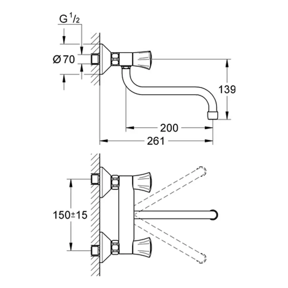 Wandmontierte Mischbatterie von Grohe mit zwei Griffen, dargestellt in einer technischen Zeichnung mit Maßen und Anschlussdetails.