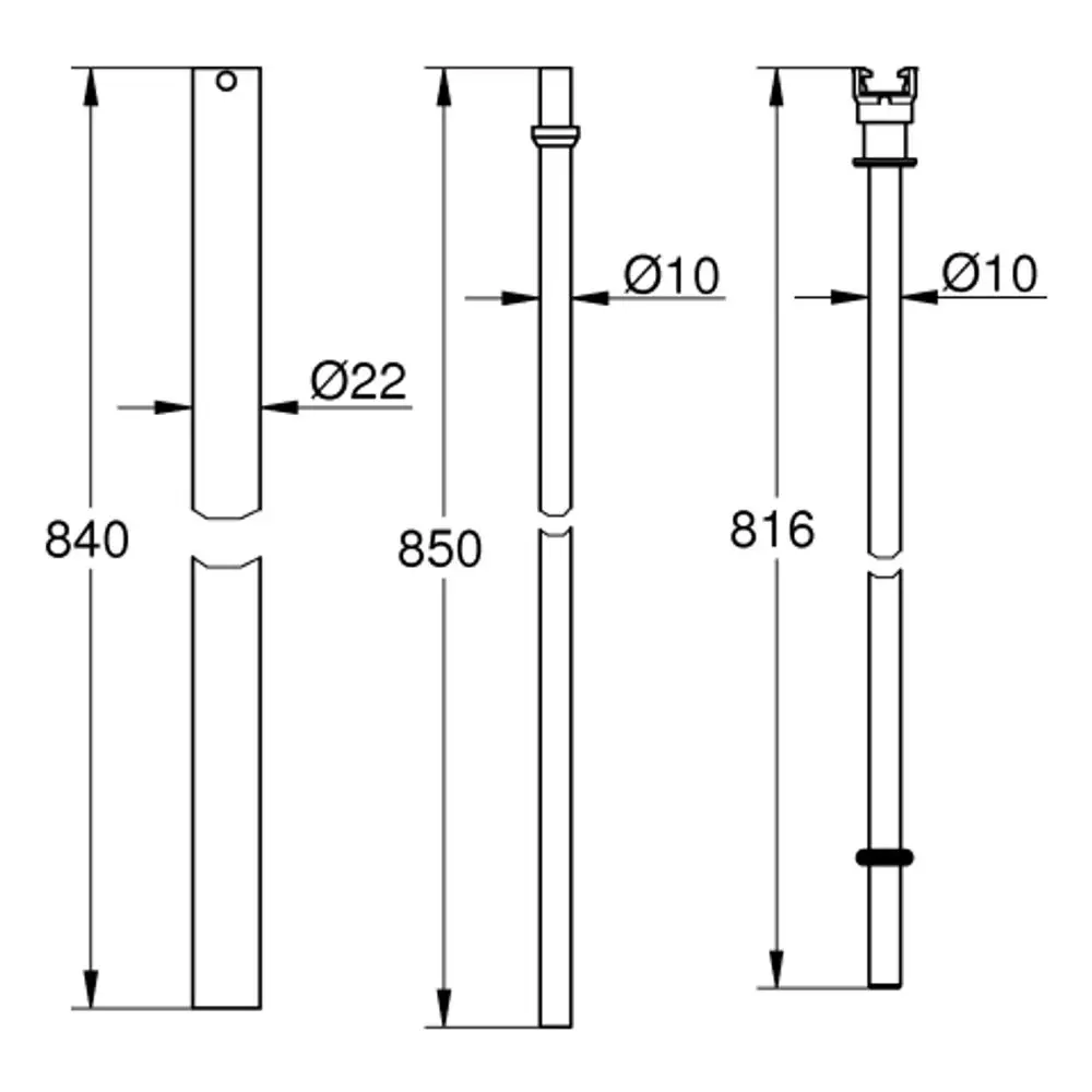 Technisches Diagramm eines Rohres von Grohe, dargestellt in verschiedenen Ansichten, mit Maßangaben und Durchmessern, geeignet für Duschsysteme.