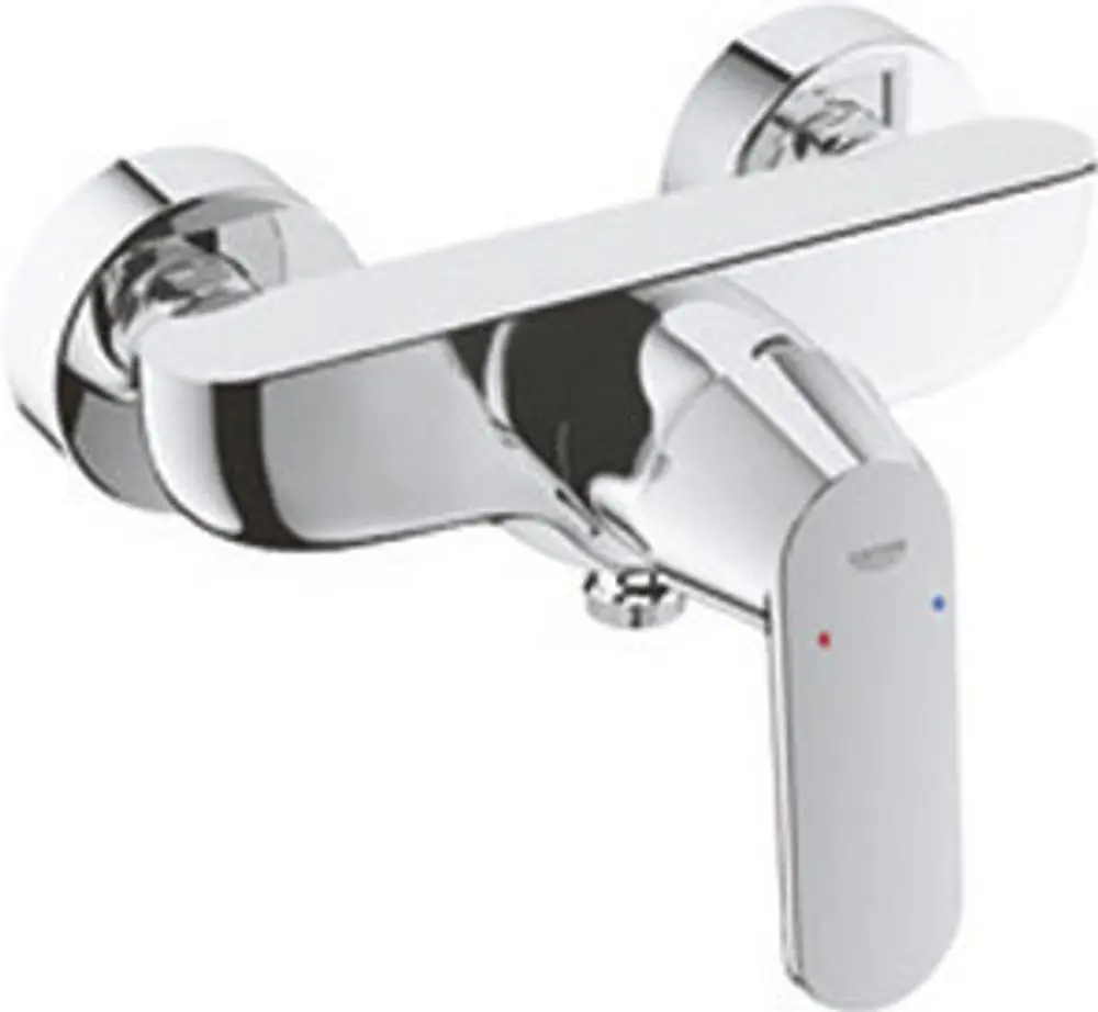 Chromene Wandarmatur von Grohe mit einem einhebeligen Bedienungshebel, der die Wassertemperatur steuert, montiert an einer Wand.