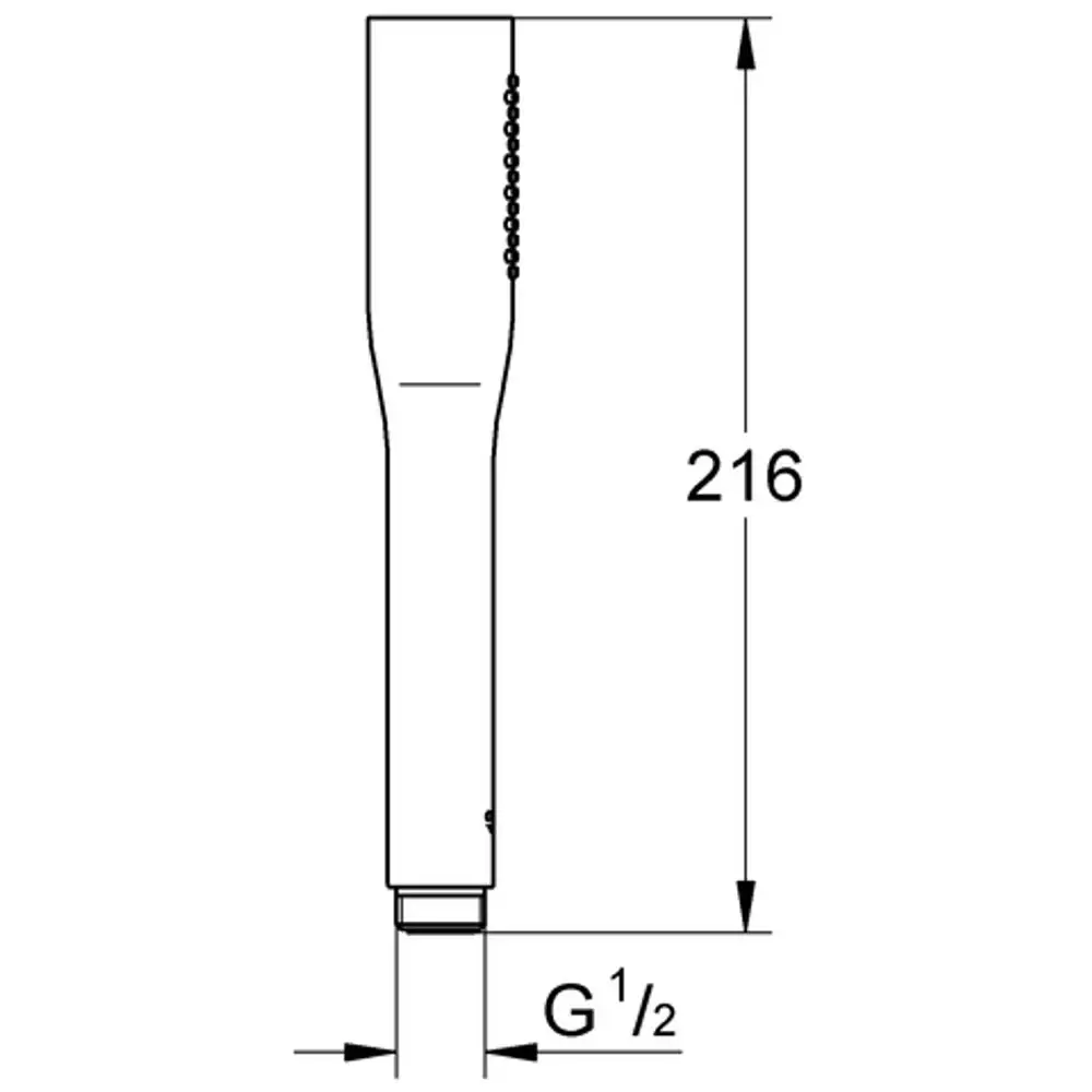 Grohe Handbrause mit schlankem Design, abgerundetem Kopf und G1/2 Anschluss. Sichtbare Rillenstruktur und eine Länge von 216 mm.