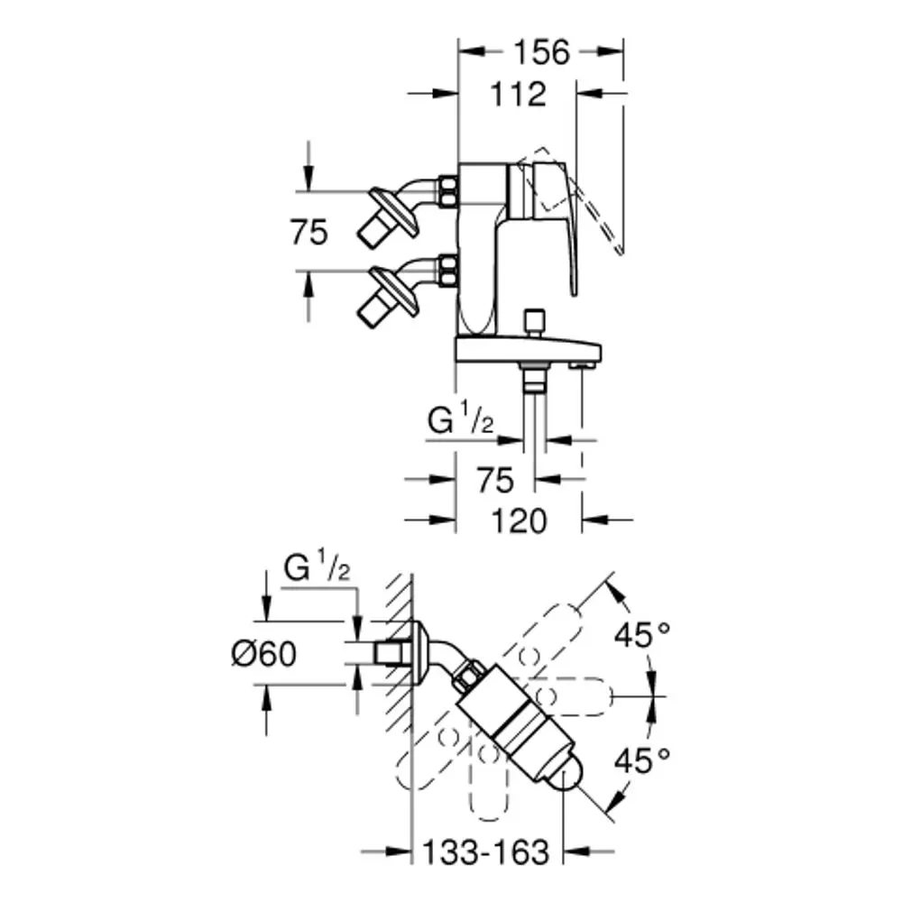 GROHE Anschlusswinkel in 45 Grad Ausführung, perspektivische Darstellung, mit Maßlinien für die Installation und entsprechenden Anschlüssen.